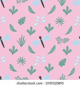 Seamless pattern with a leaves, dragonfly  in vector graphics, on a pink    background. For wallpaper, covers notebook, wrapping paper, childrens clothing, t-shirts, scrapbooking, pajamas