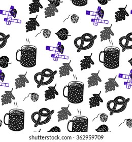 Seamless pattern with leaves, drink and pretzels. Vector illustration.
