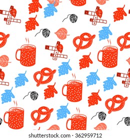 Seamless pattern with leaves, drink and pretzels. Vector illustration.