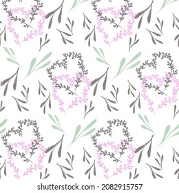 seamless pattern of leaves in the dudel style. A heart made of twigs with leaves. Print for postcards and fabric. Background for websites.