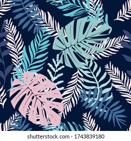 Seamless pattern with leaves elements. Vector pattern with exotic leaves, twigs, branches, grass. Ideal print for youth clothes.