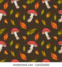Seamless pattern of leaves, fairy-mushroom and nuts. Vector illustration of autumn harvest elements isolated on white background.