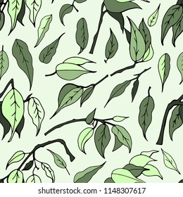 Seamless pattern with leaves of ficus benjamin on green background
