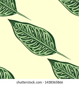 Seamless pattern with leaves of ficus benjamin on green background