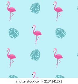 Seamless Pattern With Leaves And Flamingo With Gradient Mash, Vector Illustration