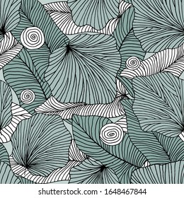 Seamless pattern with leaves. Floral drawing with line-art. Eps10 vector.