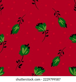 Seamless pattern leaves with flower Christmas theme illustration. vector design for fashion, fabric, wallpaper and all prints on red background earth tone color.
