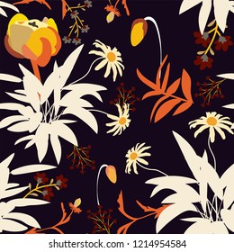 The Seamless Pattern Leaves The Flower Colorful In Tropical Summer. Vector illustration. Hand drawn yellow and orange flowers, foliage. The template is suitable for posters, postcards, fabric...