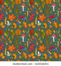 Seamless pattern of leaves, flowers, berries nuts and mushrooms. Vector illustration of autumn flowers and harvest elements.