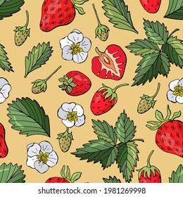 Seamless pattern with Leaves, flowers and berries of strawberries. Design of fabrics, textiles, wallpaper, packaging, cafes.