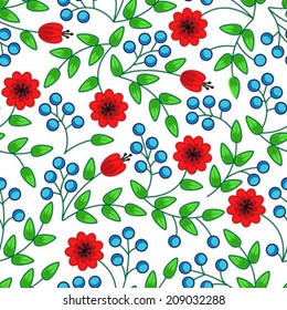 seamless pattern with leaves, flowers and berries