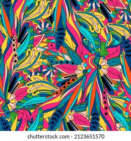 Seamless pattern of leaves, flowers and berries. Floral background