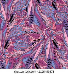 Seamless pattern of leaves, flowers and berries. Floral background