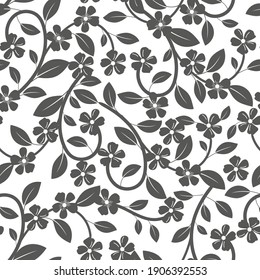 Nahtlose Muster von Blättern und Blumen, schwarz auf weißem Hintergrund