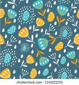 Seamless pattern with leaves and flowers. Botanical illustration. Tropical background with exotic plants. Fabric design, Wallpaper, textiles, books, printing, magazine