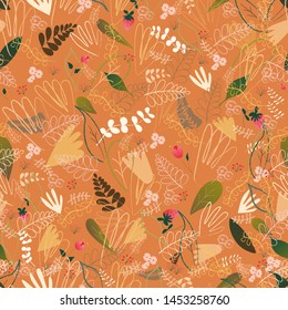 Seamless pattern of leaves, flowers, branches berries witn outline elemnts in warm autumn coloures on pastel background, For wrapping paper, wallpaper, fabric pattern, backdrop, print, gift wrap