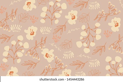 Seamless pattern with leaves, flowers and branches for swimwear and clothes design. Background for phone cases, notebooks, accesories and wrapping. Hand drawn texture. Scandinavian vector template.