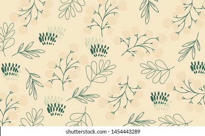 Seamless pattern with leaves, flowers and branches for swimwear and clothes design. Background for phone cases, notebooks, accesories and wrapping. Hand drawn texture. Scandinavian vector template.