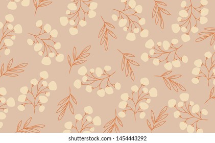 Seamless pattern with leaves, flowers and branches for swimwear and clothes design. Background for phone cases, notebooks, accesories and wrapping. Hand drawn texture. Scandinavian vector template.