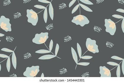 Seamless pattern with leaves, flowers and branches for swimwear and clothes design. Background for phone cases, notebooks, accesories and wrapping. Hand drawn texture. Scandinavian vector template.