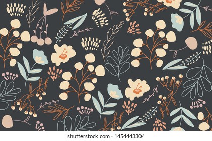 Seamless pattern with leaves, flowers and branches for swimwear and clothes design. Background for phone cases, notebooks, accesories and wrapping. Hand drawn texture. Scandinavian vector template.