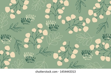 Seamless pattern with leaves, flowers and branches for swimwear and clothes design. Background for phone cases, notebooks, accesories and wrapping. Hand drawn texture. Scandinavian vector template.