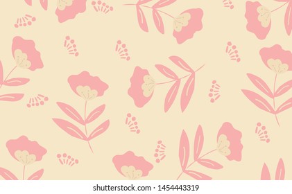 Seamless pattern with leaves, flowers and branches for swimwear and clothes design. Background for phone cases, notebooks, accesories and wrapping. Hand drawn texture. Scandinavian vector template.