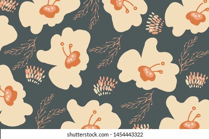 Seamless pattern with leaves, flowers and branches for swimwear and clothes design. Background for phone cases, notebooks, accesories and wrapping. Hand drawn texture. Scandinavian vector template.