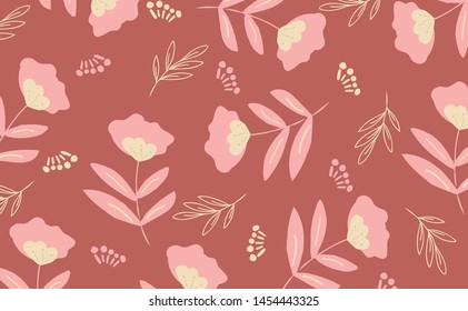 Seamless pattern with leaves, flowers and branches for swimwear and clothes design. Background for phone cases, notebooks, accesories and wrapping. Hand drawn texture. Scandinavian vector template.