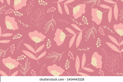 Seamless pattern with leaves, flowers and branches for swimwear and clothes design. Background for phone cases, notebooks, accesories and wrapping. Hand drawn texture. Scandinavian vector template.