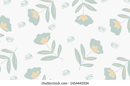 Seamless pattern with leaves, flowers and branches for swimwear and clothes design. Background for phone cases, notebooks, accesories and wrapping. Hand drawn texture. Scandinavian vector template.