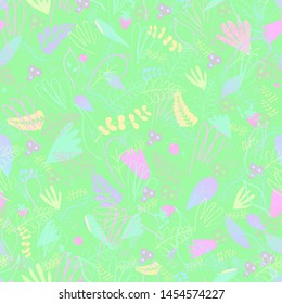 Seamless pattern of leaves, flowers, branches berries in neon colours for wrapping paper, wallpaper, fabric pattern, backdrop, print, gift wrap, cover of notebook, envelope
