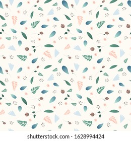 Seamless pattern of leaves, flowers, branches berries witn outline elements. Spring floral print. For wrapping paper, wallpaper, fabric pattern, backdrop,  gift wrap. Suit for linen design