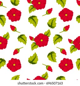 Seamless pattern of leaves, flowers and buds of hibiscus plants. Vector illustration