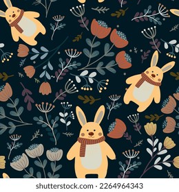Seamless pattern with leaves, flowers and bunnies. Vector file for designs.