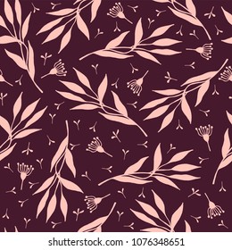 Seamless pattern of leaves and flowers. Burgundy and peach. Suitable for textiles, covers, shirts, packaging, paper, wallpapers, web. Vector.