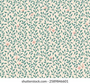 Seamless Pattern - Leaves, Flowers and Butterflies (Peach, Soft Pink, Green) - Repeating Vector Image; Easily Editable; Endless Design; Colorful lIlustration. Print for Gift Paper, Packaging, etc.