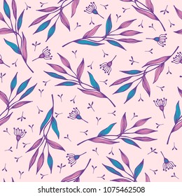 Seamless pattern of leaves and flowers. Delicate pastel colors. Pink, lilac, violet, mint. Suitable for textiles, covers, shirts, packaging, paper, wallpapers, web. Vector.