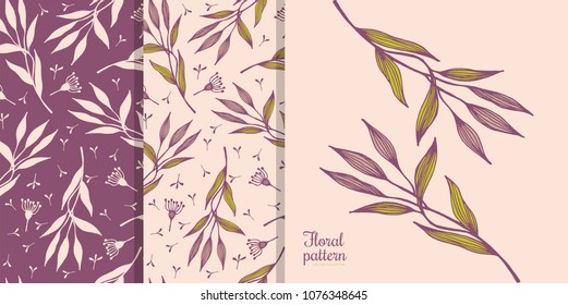 Seamless pattern of leaves and flowers. Delicate pastel colors. Peach, burgundy, light green. Set of three tiles. Suitable for textiles, covers, shirts, packaging, paper, wallpapers, web. Vector set.