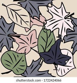 seamless pattern with leaves and flowers doodling style