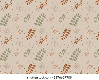 Seamless pattern with leaves and flowers. Elegant floral background in minimalistic linear style. Trendy line art design element for fabric, wrapping paper.