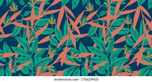 Seamless pattern with leaves, flowers. Floral background. Nature print. Fabric design, wallpaper