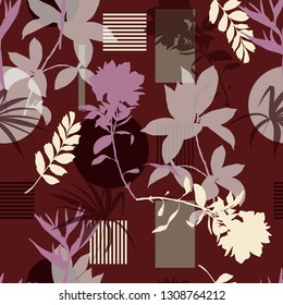 Seamless pattern with leaves and flowers ,geometric stripes circle vector Stylish Silhouette Abstract  in modern style.Design for fashion,fabric,wallpaper,web and all prints on maroon color.