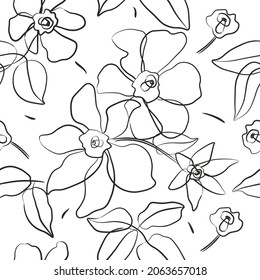 Patrón sin foco con hojas y flores. Dibujo artesanal en blanco y negro para embalaje, tela, postales