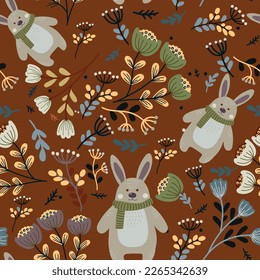 Seamless pattern with leaves and flowers and hares. Vector file for designs.