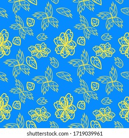 seamless pattern with leaves and flowers linocut style