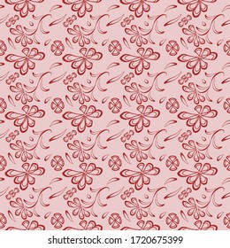 seamless pattern with leaves and flowers linocut style