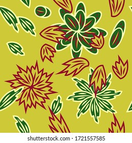 seamless pattern with leaves and flowers linocut style