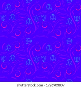 seamless pattern with leaves and flowers linocut style