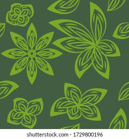 seamless pattern with leaves and flowers linocut style